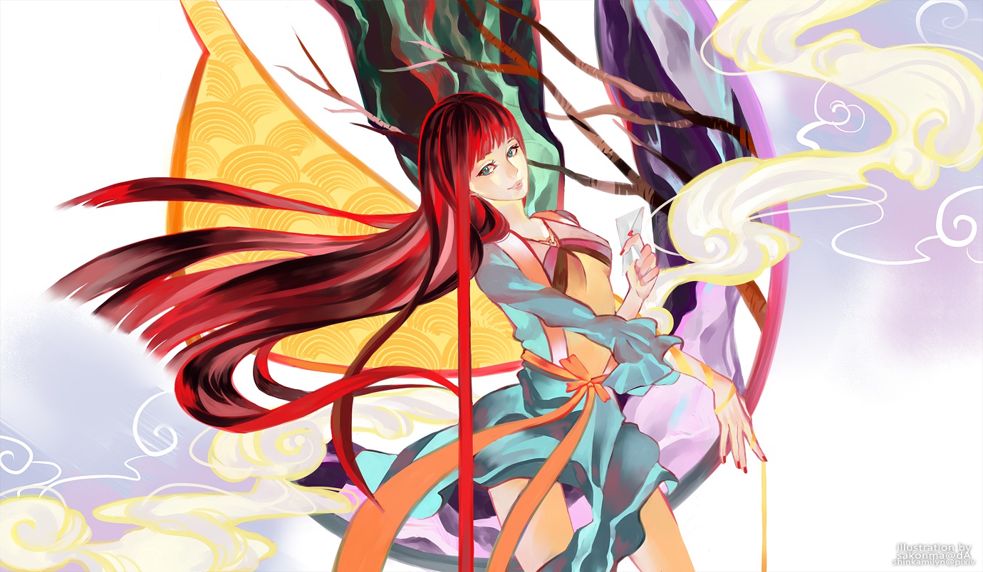 akizuki_maria, blue_eyes, long_hair, red_hair, ribbons, sakonma, shin_sekai_yori