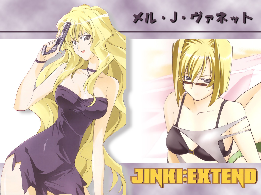 blonde_hair, blue_eyes, choker, gun, jinki_extend, long_hair, mel_j_vanette, short_hair