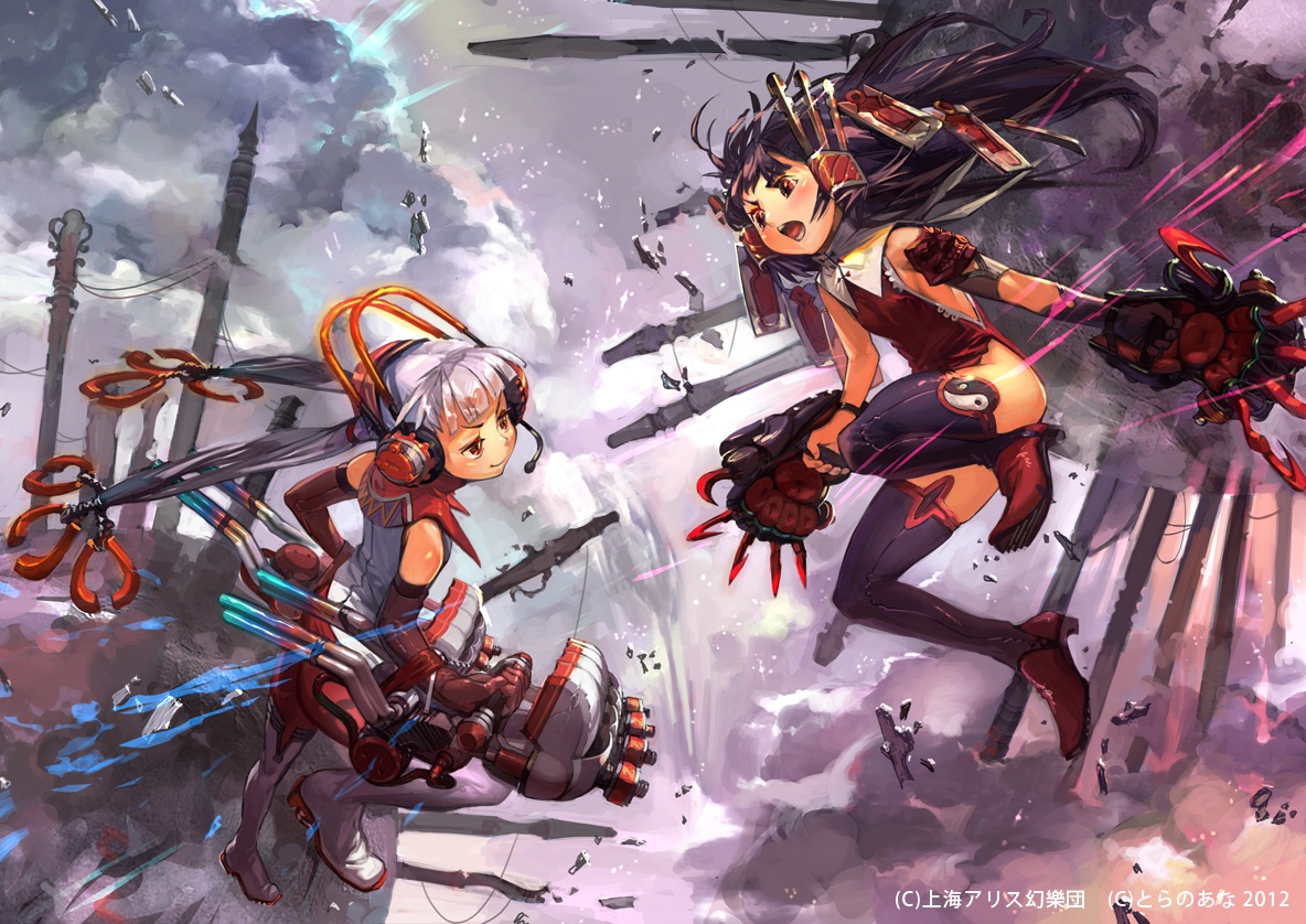 2girls, black_hair, boots, elbow_gloves, fujiwara_no_mokou, gloves, hakurei_reimu, headphones, jikan_hakushaku, long_hair, mechagirl, red_eyes, thighhighs, touhou, twintails, weapon, white_hair