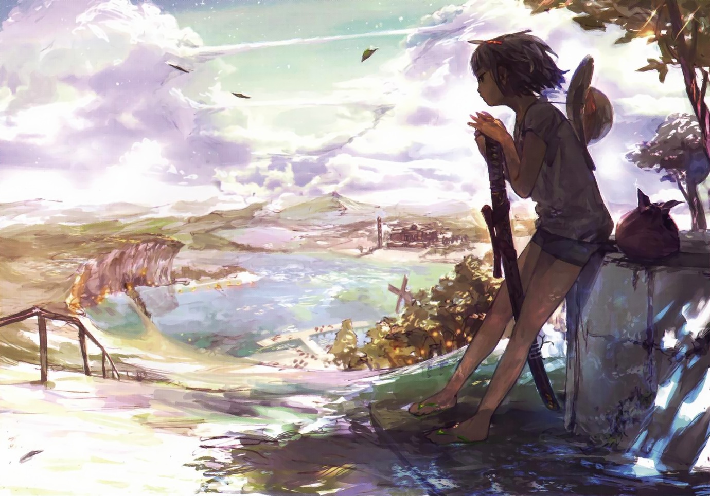 clouds, gray_hair, hat, jikan_hakushaku, jpeg_artifacts, katana, konpaku_youmu, leaves, scenic, short_hair, shorts, sword, touhou, tree, weapon, windmill