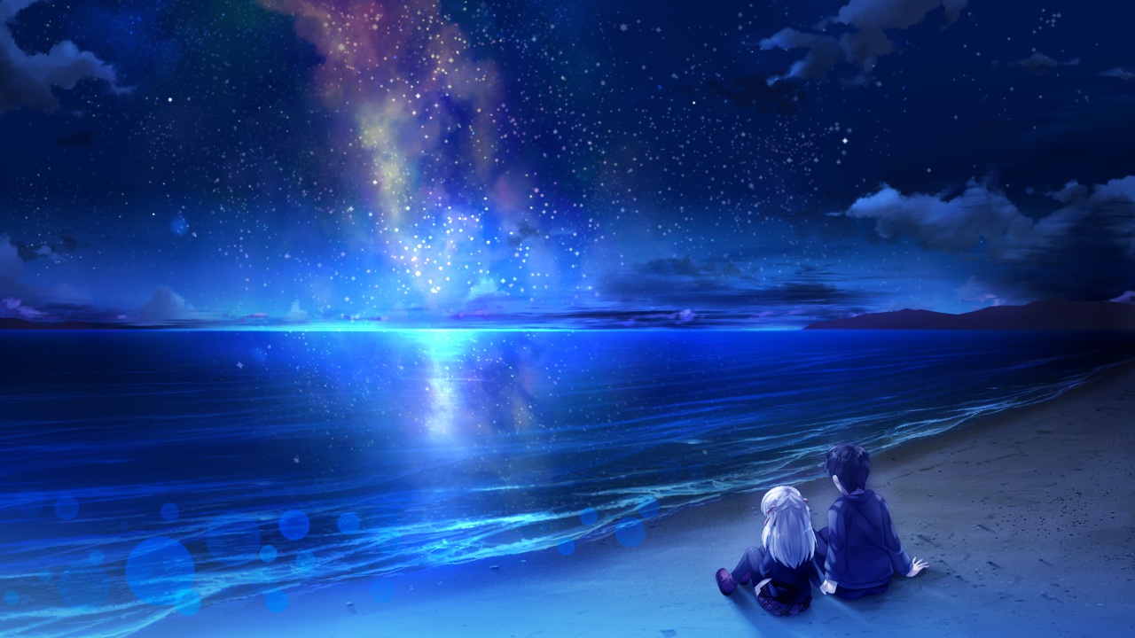 beach, clouds, game_cg, hoshi_no_ne_sanctuary, katsuragi_masato, komatsubara_yomi, long_hair, marmalade, naruse_hirofumi, night, pantyhose, skirt, sky, stars, water, white_hair