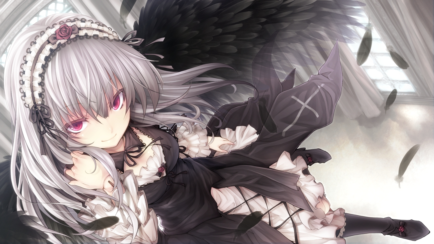 doll, feathers, goth-loli, gray_hair, headdress, lolita_fashion, long_hair, pink_eyes, rozen_maiden, suigintou, tousen, wings