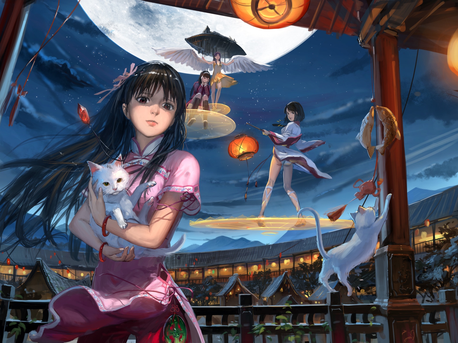 animal, black_eyes, black_hair, cat, dress, headphones, jeanex, long_hair, magic, moon, night, orange_eyes, original, purple_hair, short_hair, stars, wings