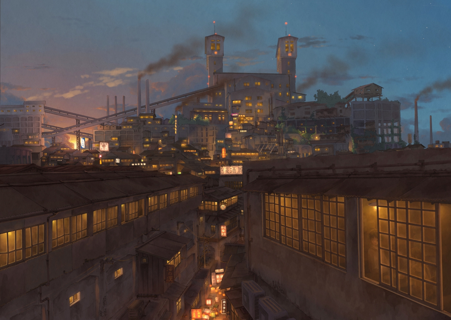 building, city, industrial, night, original, pochi_(poti1990), scenic