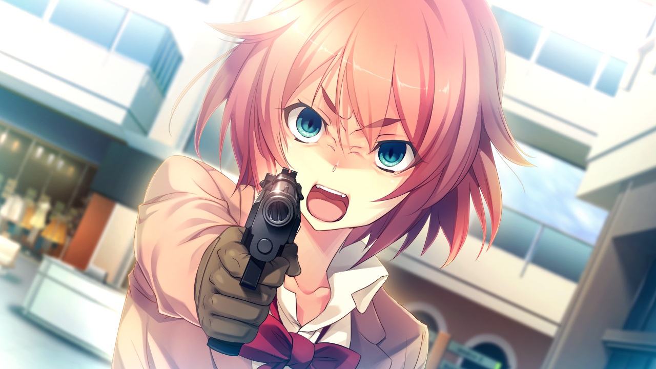 aqua_eyes, bow, cinematograph, game_cg, gloves, gun, innocent_bullet, kanzaki_sayaka