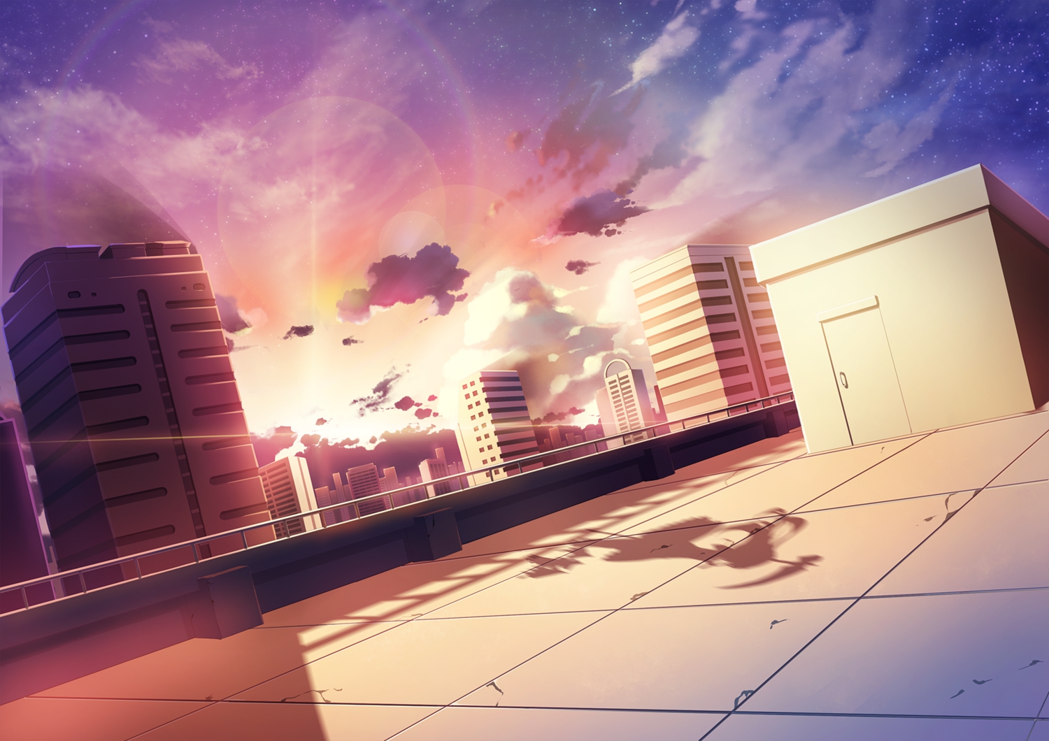 ame_no_uta, building, city, clouds, momo_(shinigami_no_ballad), rooftop, scenic, shinigami_no_ballad, sky, stars, sunset