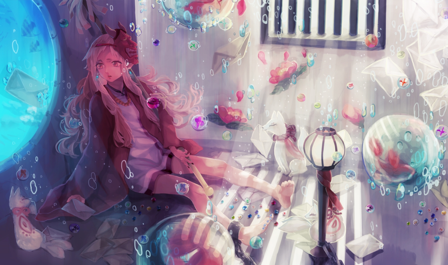 animal, barefoot, blonde_hair, bubbles, chain, fox, long_hair, mask, original, pink_eyes, shiroxx0094