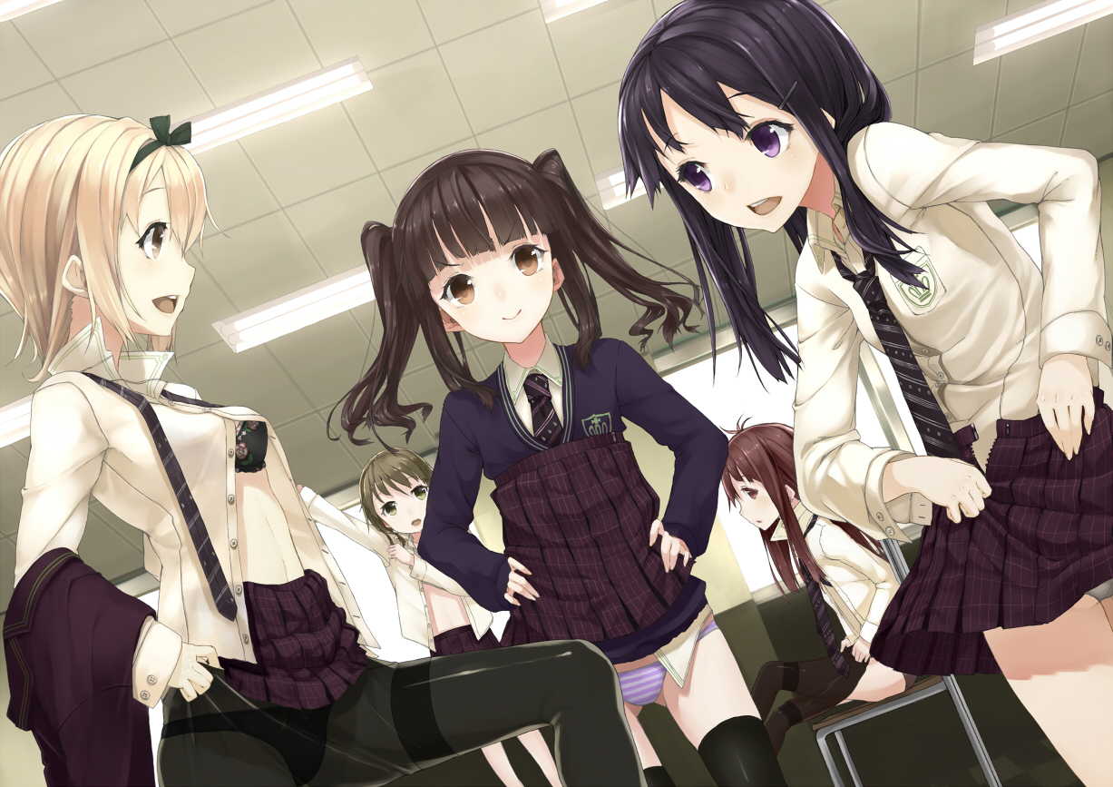 black_hair, blonde_hair, brown_eyes, brown_hair, green_eyes, long_hair, original, panties, pantyhose, purple_eyes, school_uniform, shiro_shougun, short_hair, skirt, striped_panties, thighhighs, tie, underwear, undressing