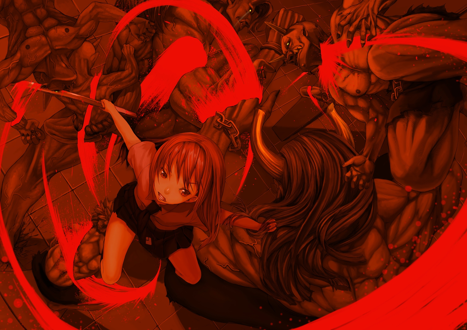 demon, original, red, shiro_shougun, skirt, sword, tie, weapon