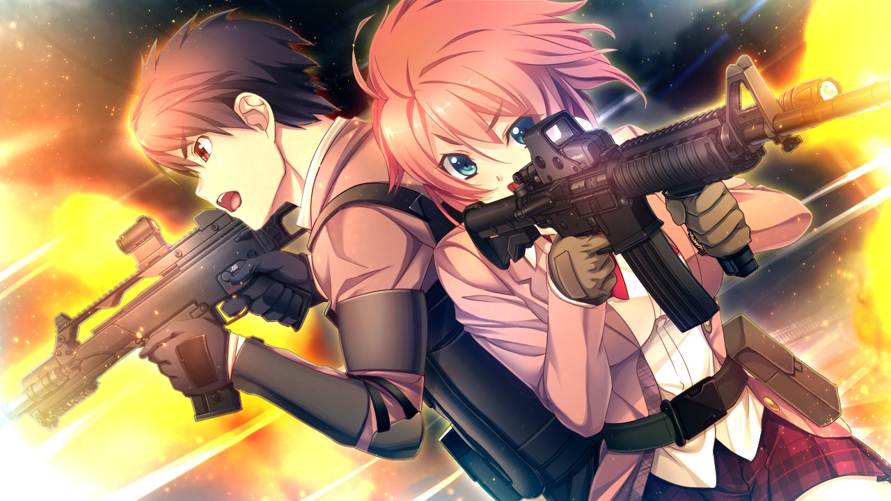 armor, black_hair, blue_eyes, cinematograph, game_cg, gloves, gun, innocent_bullet