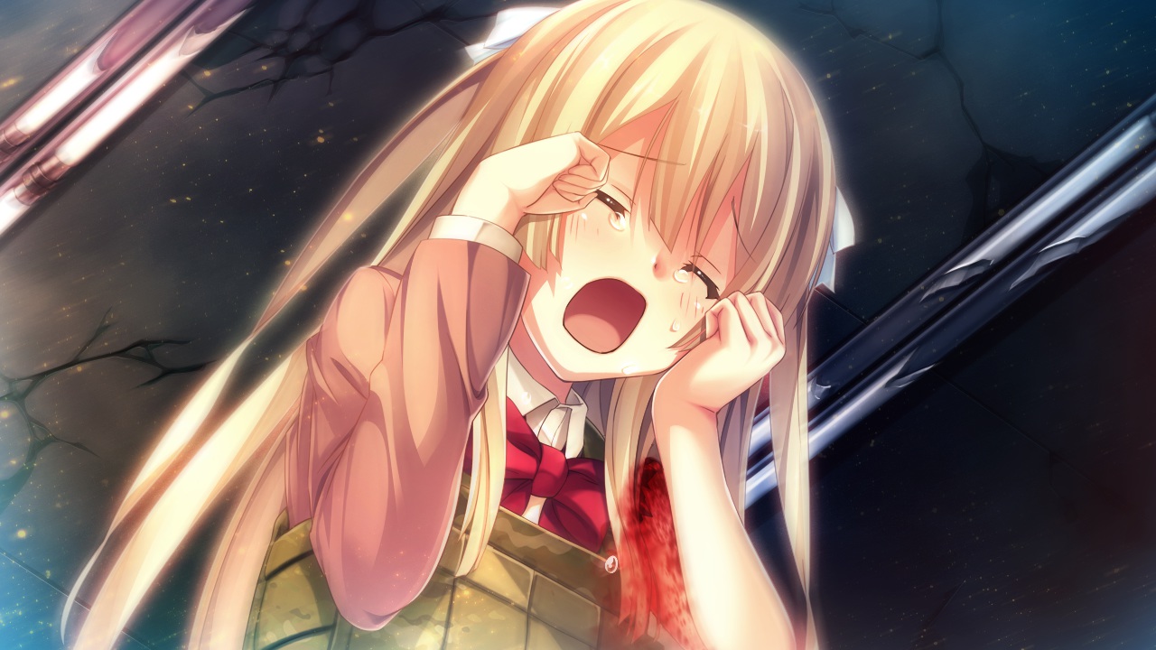 armor, blonde_hair, blood, bow, cinematograph, crying, game_cg, innocent_bullet