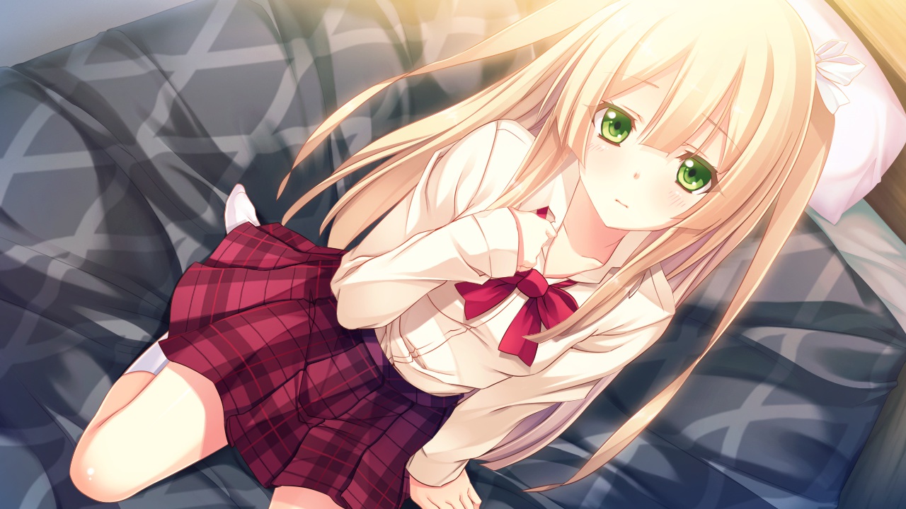 bed, blonde_hair, blush, cinematograph, game_cg, green_eyes, innocent_bullet, kneehighs