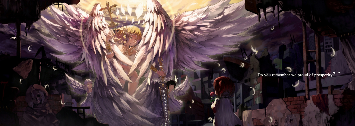 black_hair, blonde_hair, cross, dualscreen, feathers, flowers, original, red_hair