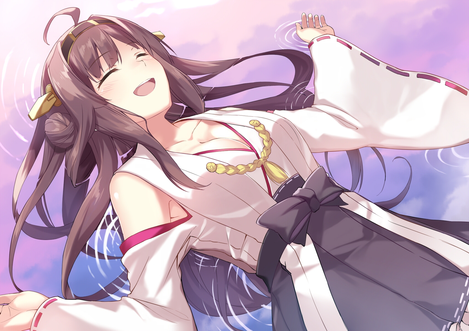 anthropomorphism, bow, breasts, brown_hair, cccpo, cleavage, headband, japanese_clothes