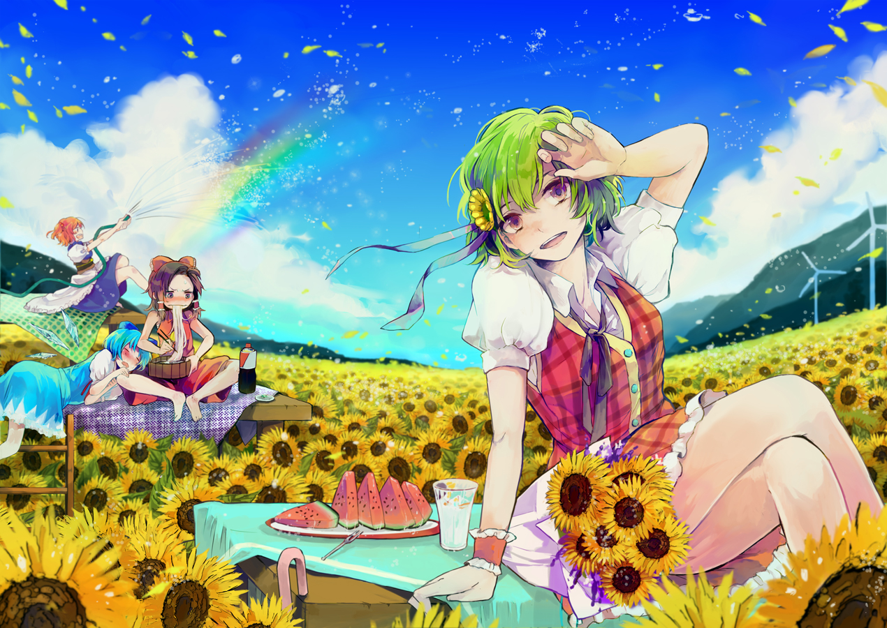 blue_hair, blush, brown_hair, cirno, dress, drink, fairy, flowers