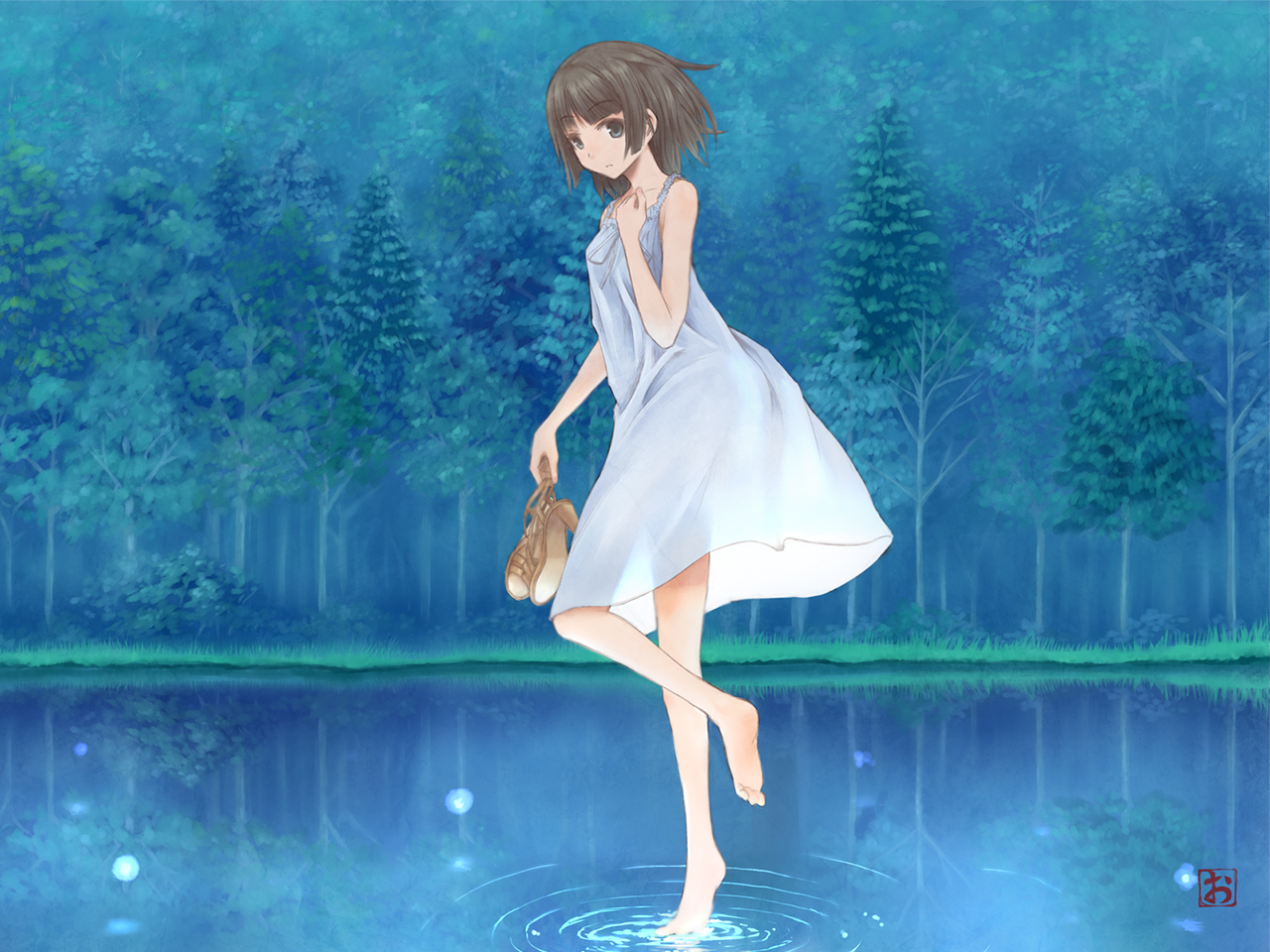 barefoot, black_hair, dress, forest, okiru, original, short_hair, summer_dress, tree, wet