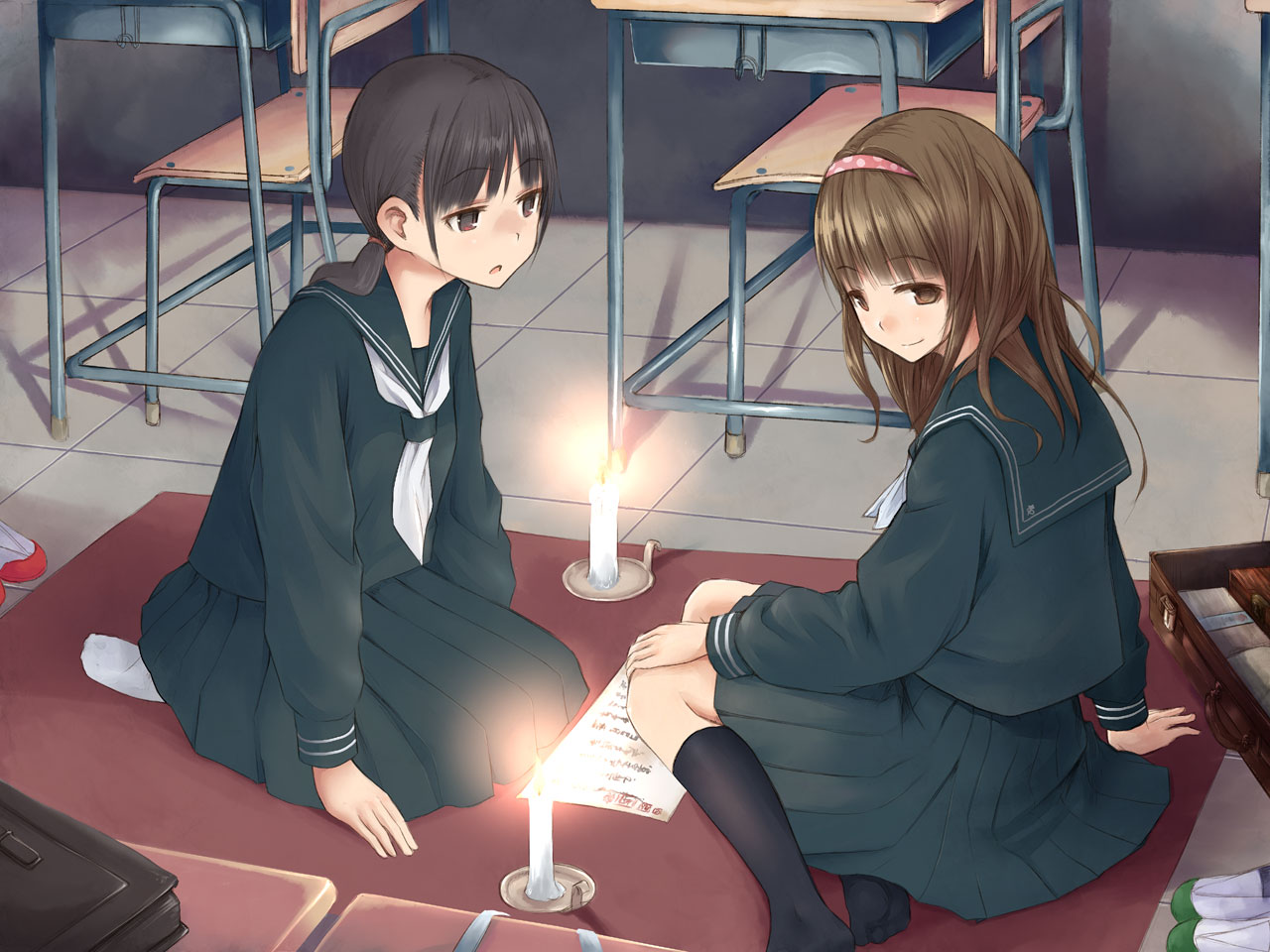 2girls, black_hair, brown_eyes, brown_hair, headband, kneehighs, okiru, original