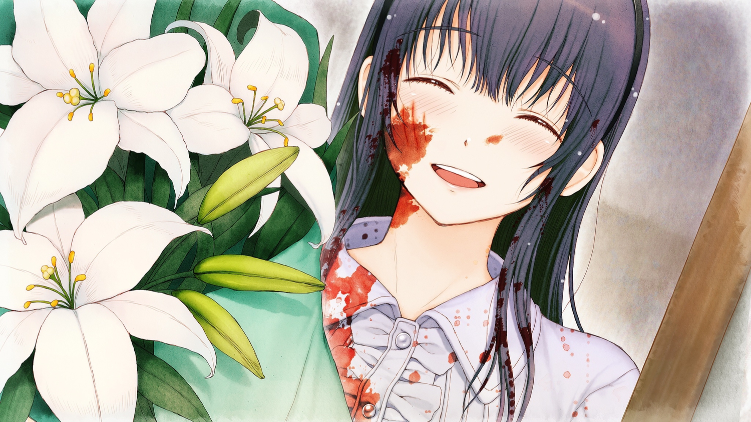 black_hair, blood, blush, flowers, game_cg, kimi_to_kanojo_to_kanojo_no_koi., long_hair, nitroplus, sone_miyuki, tsuji_santa