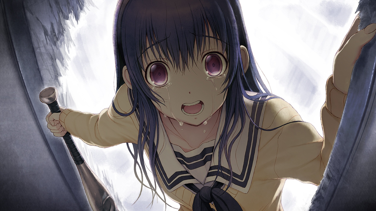 baseball_bat, black_hair, crying, game_cg, kimi_to_kanojo_to_kanojo_no_koi., long_hair, nitroplus, purple_eyes, school_uniform, sone_miyuki, tears, tsuji_santa