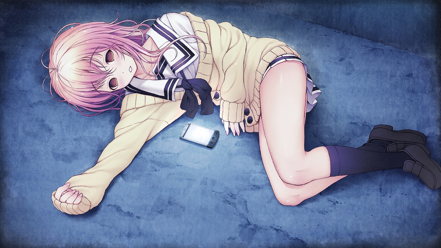 blush, brown_eyes, game_cg, kimi_to_kanojo_to_kanojo_no_koi., kneehighs, mukou_aoi, nitroplus, phone