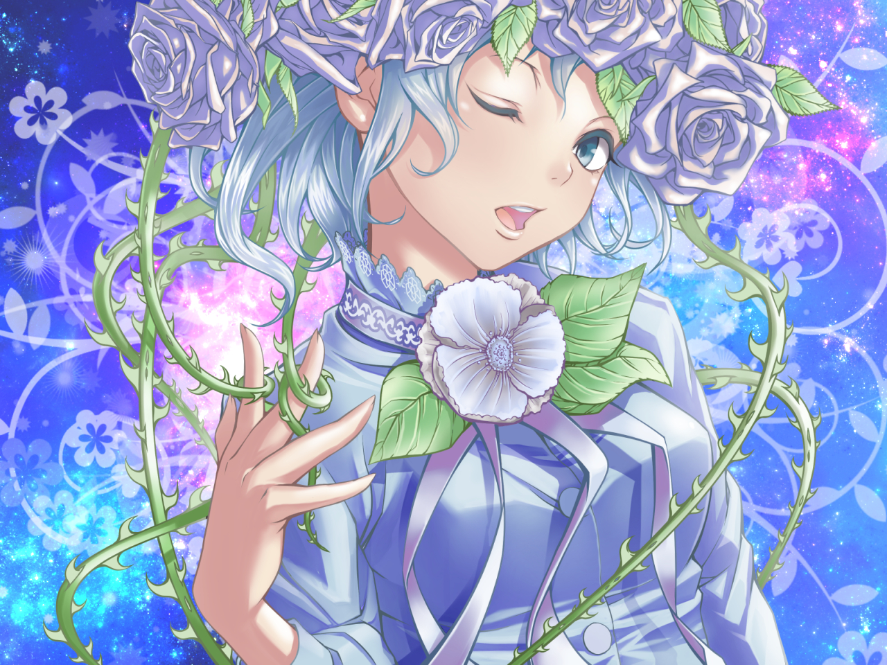 blue_eyes, blue_hair, flowers, original, rose, short_hair, suishougensou, wink