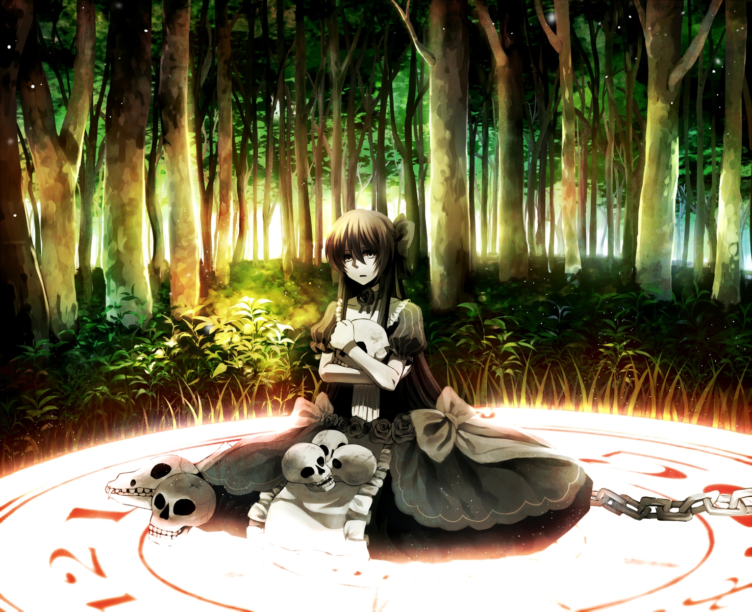 bow, brown_hair, chain, choker, dress, forest, fuuna_(conclusion), gothic