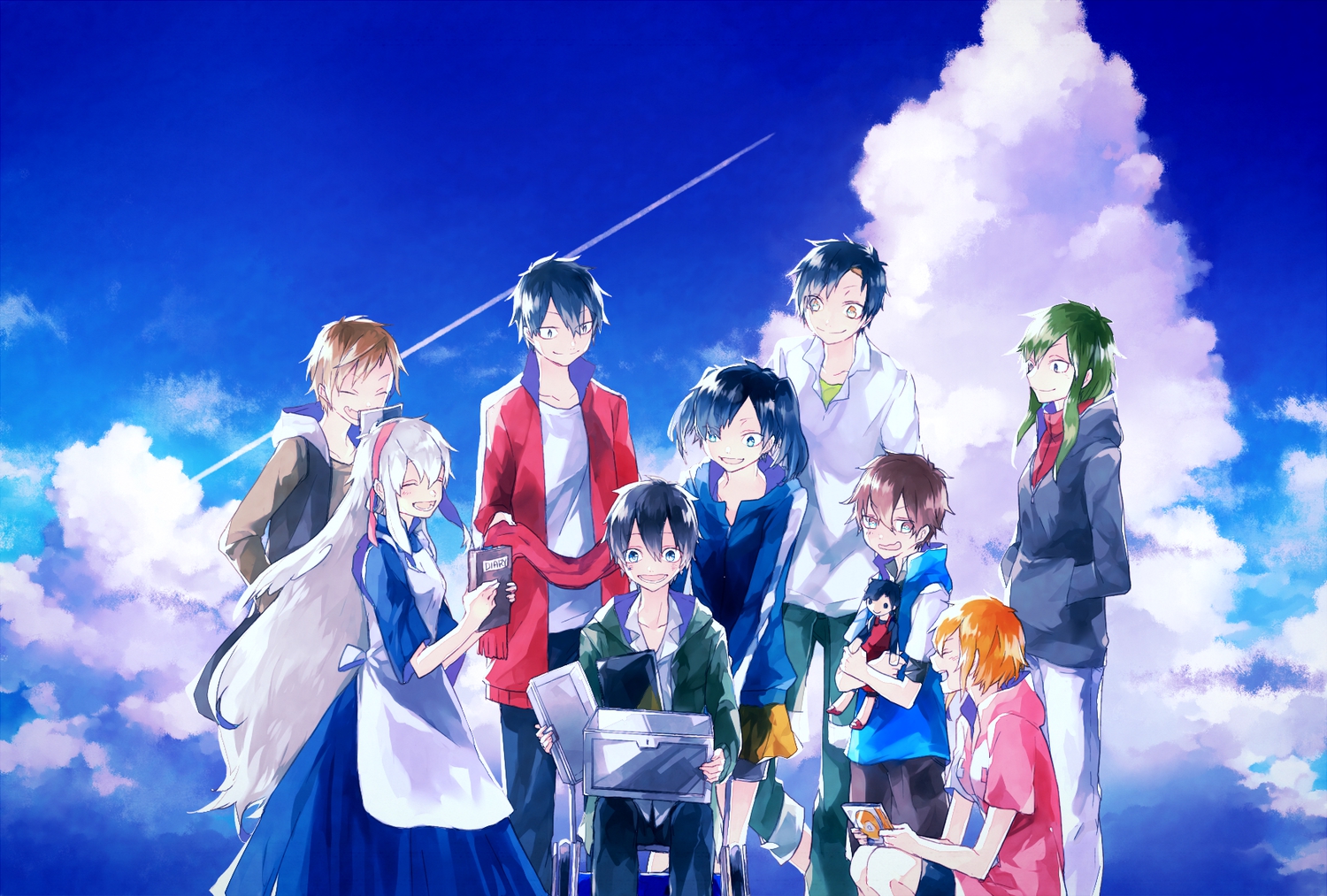 amamiya_hibiya, black_hair, blue_eyes, blue_hair, book, brown_hair, clouds, doll