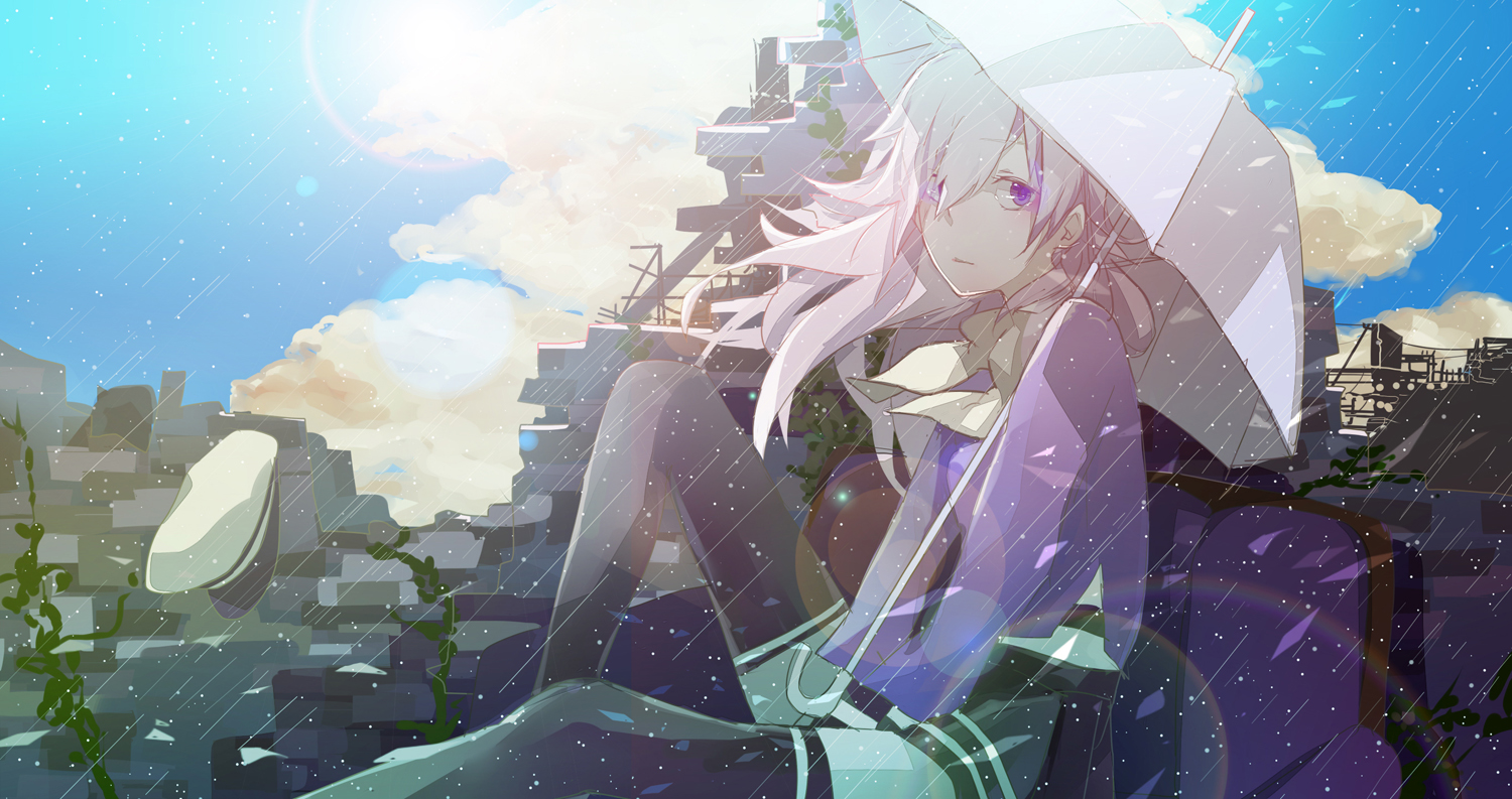ama_no_jaku_(vocaloid), clouds, hat, hoshima, purple_eyes, rain, thighhighs, umbrella, vocaloid, water