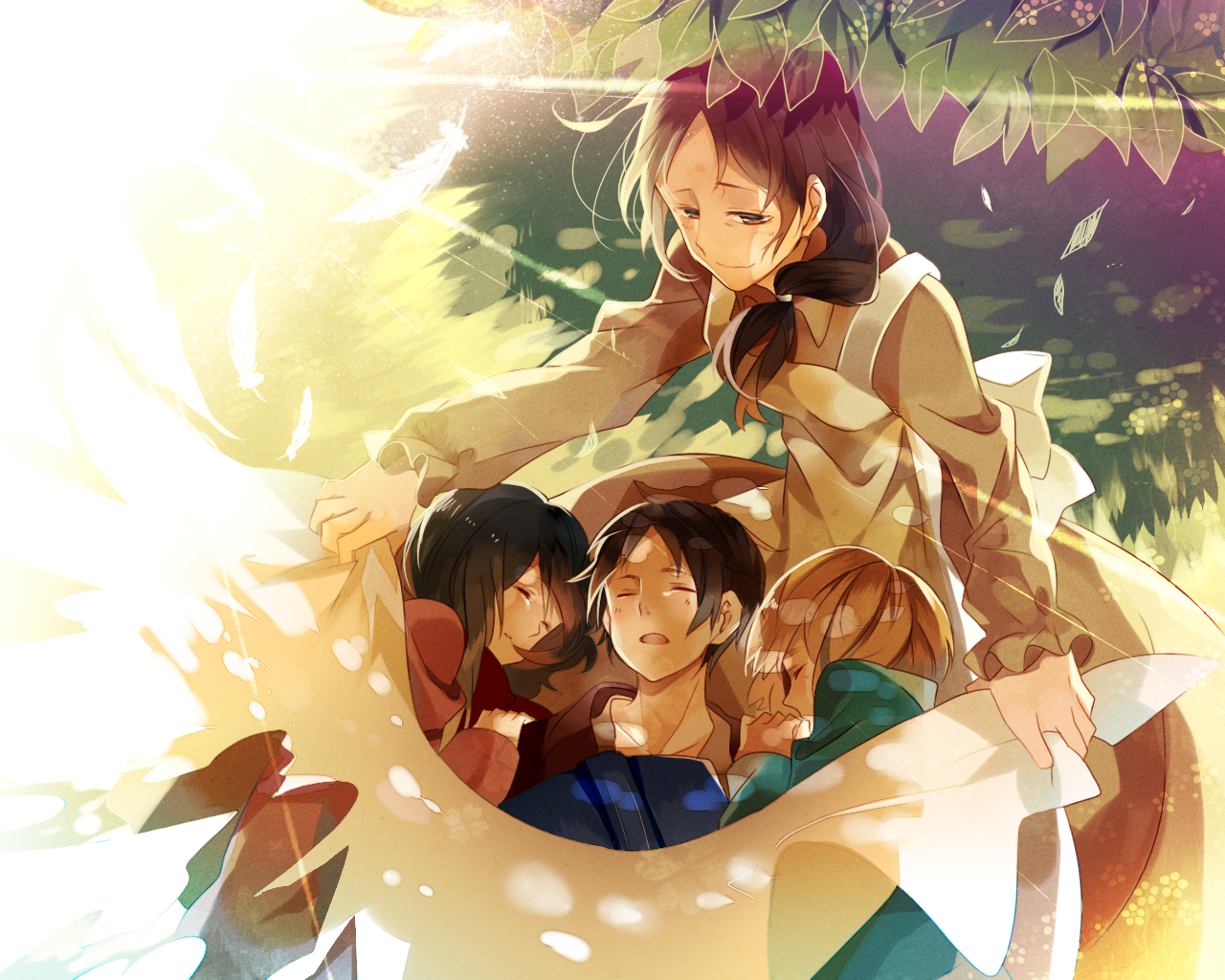 apron, armin_arlert, black_hair, brown_hair, carla_jaeger, eren_jaeger, leaves, mikasa_ackerman
