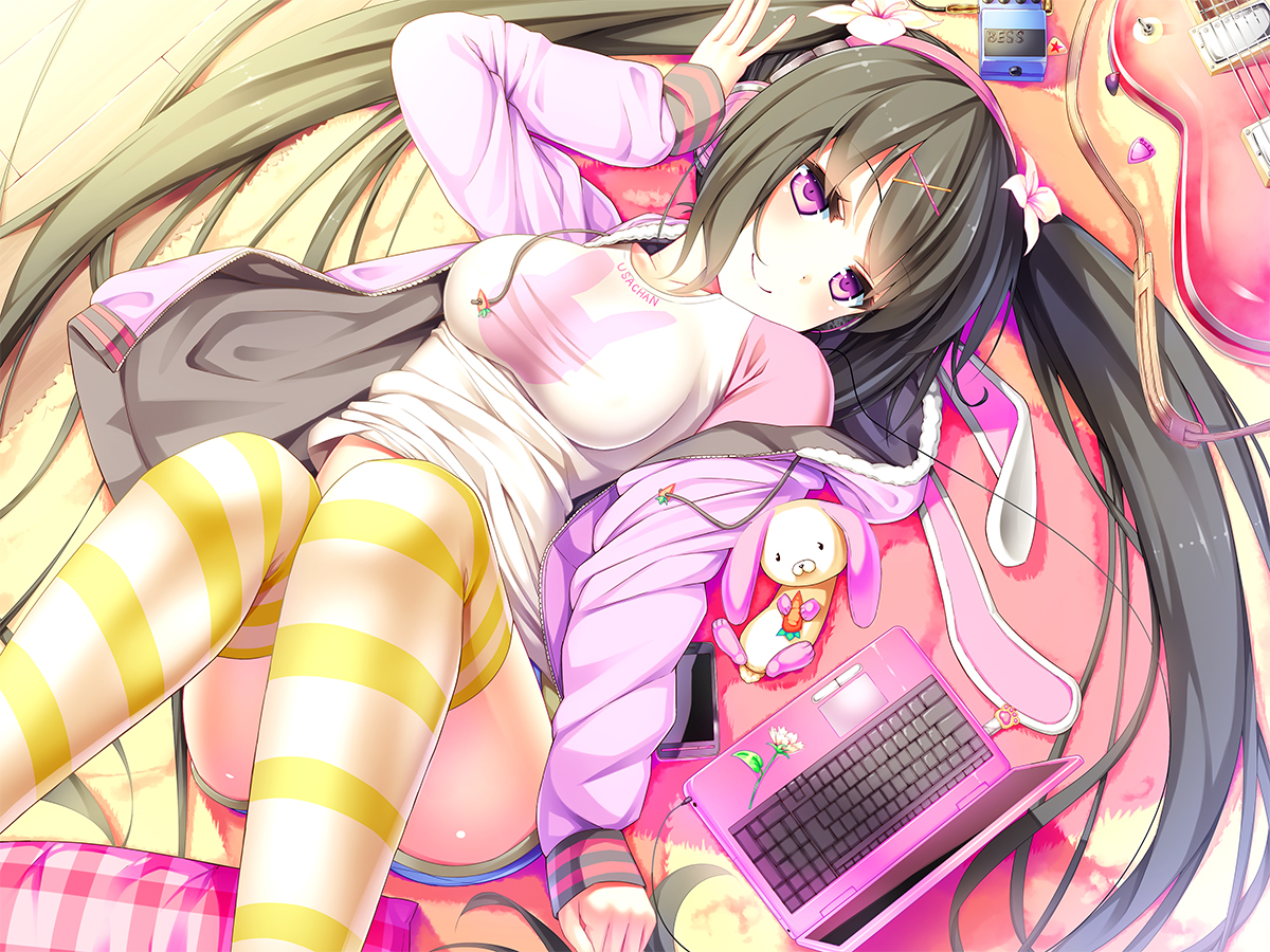 black_hair, computer, doll, guitar, headphones, hood, instrument, long_hair