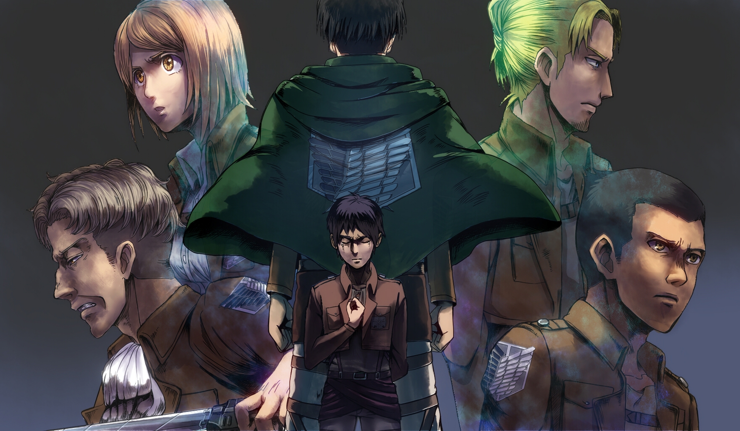 auruo_bossard, black_hair, blonde_hair, blue_eyes, brown_eyes, brown_hair, cape, erd_gin