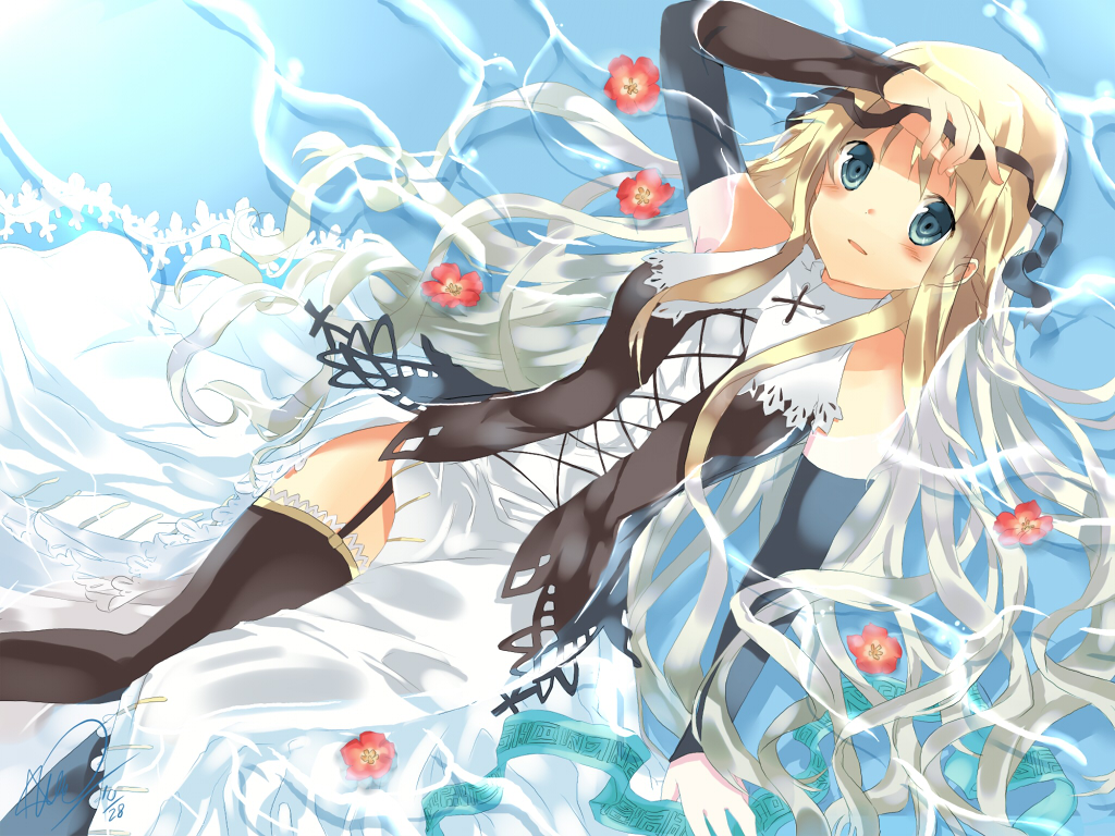 blonde_hair, blue_eyes, blush, flowers, long_hair, signed, tagme_(artist), thighhighs, water, yggdra_union, yggdra_yuril_artwaltz
