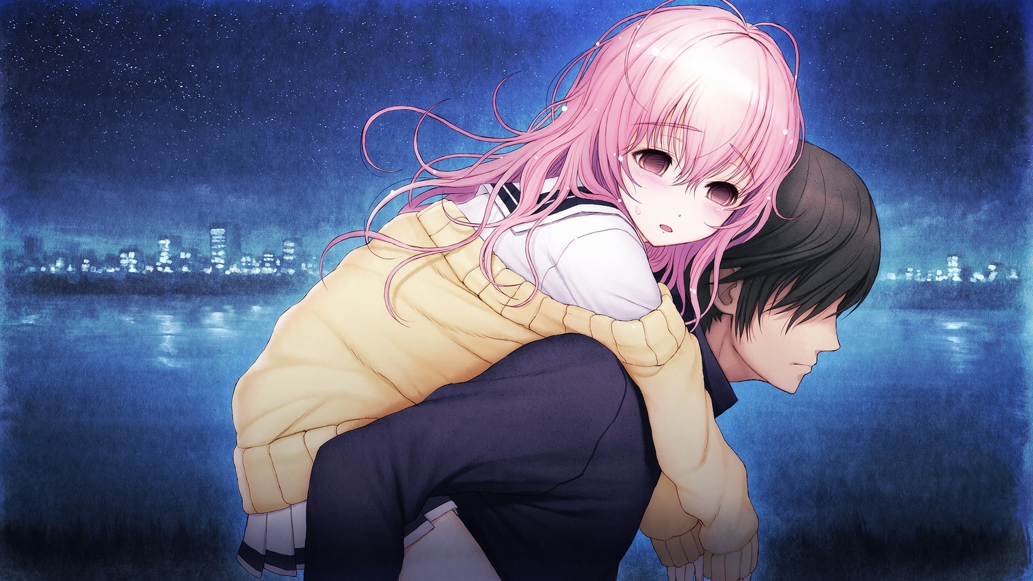 brown_eyes, game_cg, hug, kimi_to_kanojo_to_kanojo_no_koi., long_hair, male, mukou_aoi, night
