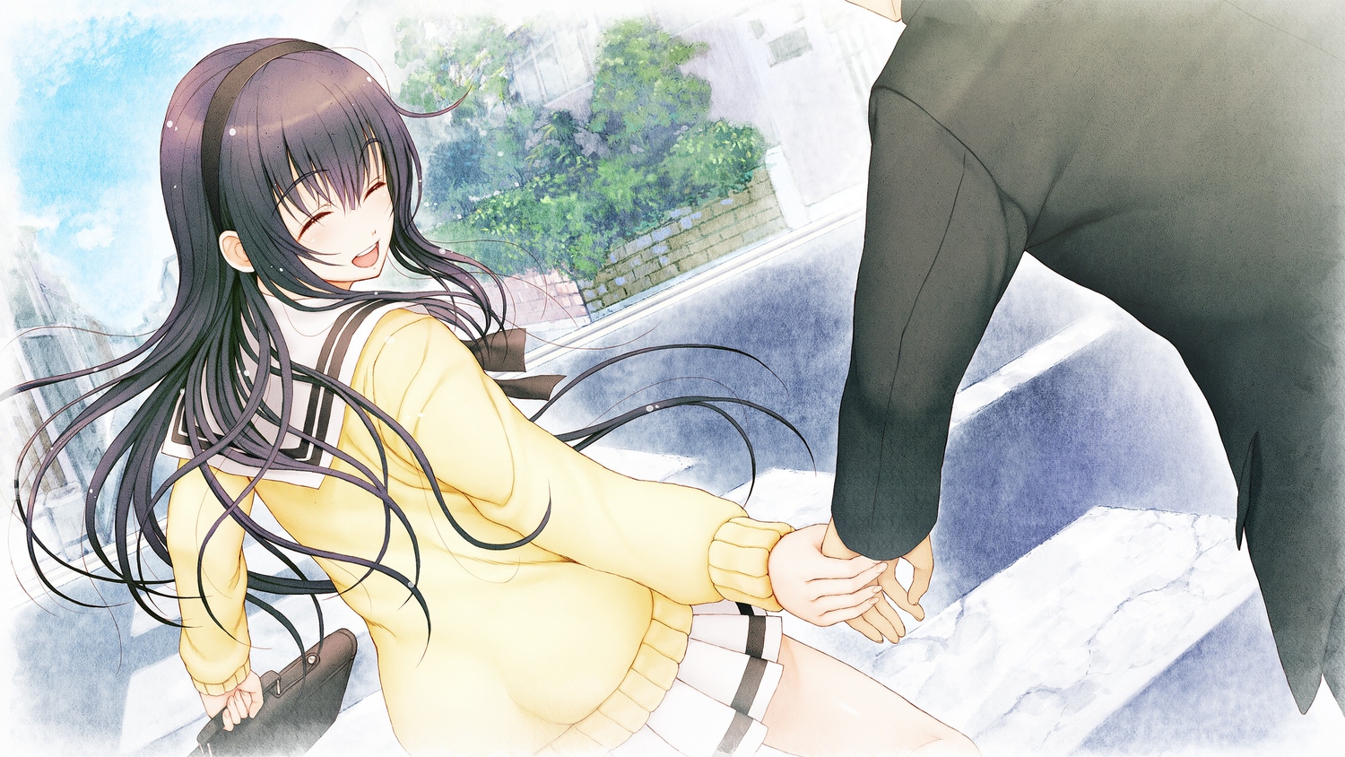 black_hair, game_cg, headband, kimi_to_kanojo_to_kanojo_no_koi., long_hair, nitroplus, school_uniform, skirt