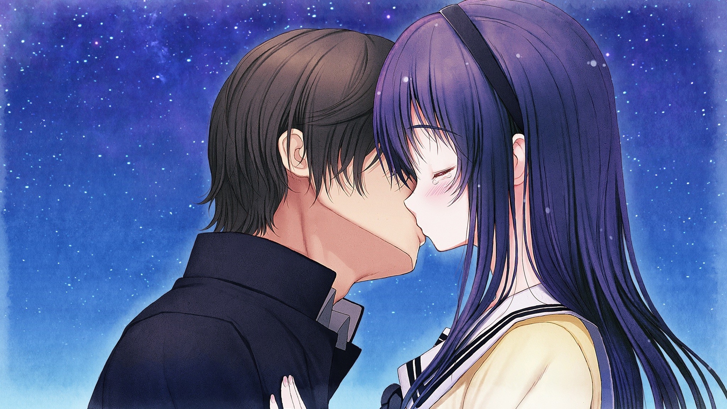 black_hair, blush, game_cg, headband, kimi_to_kanojo_to_kanojo_no_koi., kiss, long_hair, male