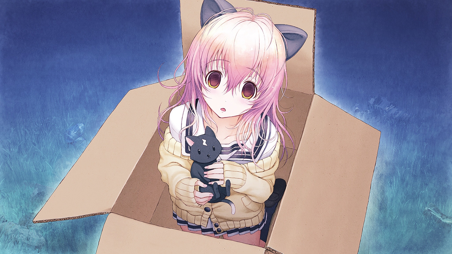 animal, animal_ears, brown_eyes, cat, catgirl, game_cg, kimi_to_kanojo_to_kanojo_no_koi., kneehighs, long_hair, mukou_aoi, nitroplus, pink_hair, school_uniform, skirt, tsuji_santa