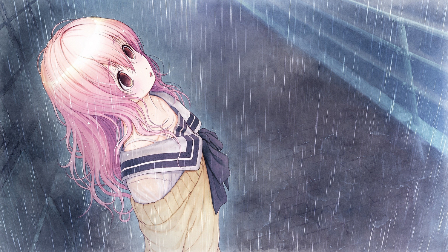 brown_eyes, game_cg, kimi_to_kanojo_to_kanojo_no_koi., long_hair, mukou_aoi, nitroplus, pink_hair, rain, school_uniform, tsuji_santa, water, wet