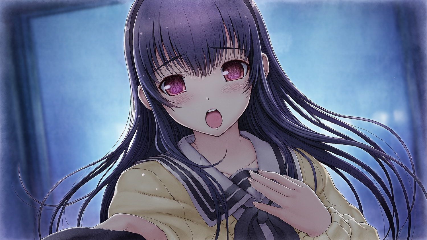 black_hair, blush, game_cg, headband, kimi_to_kanojo_to_kanojo_no_koi., long_hair, nitroplus, purple_eyes