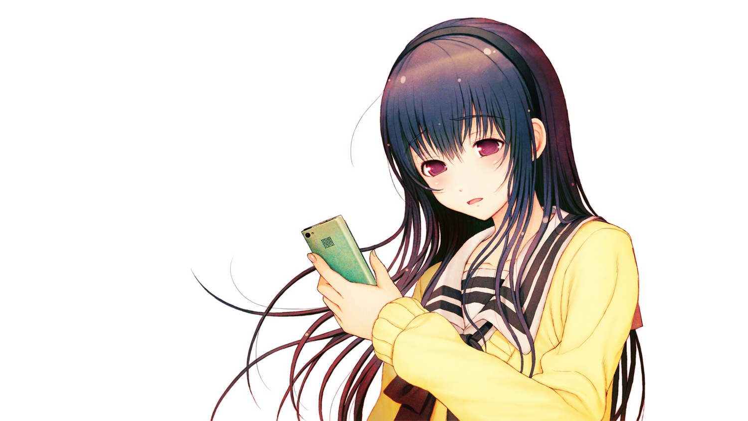black_hair, game_cg, headband, kimi_to_kanojo_to_kanojo_no_koi., long_hair, nitroplus, phone, purple_eyes