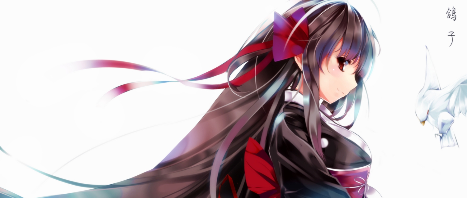 animal, bird, brown_eyes, brown_hair, iron_(huyiyang), japanese_clothes, long_hair, original
