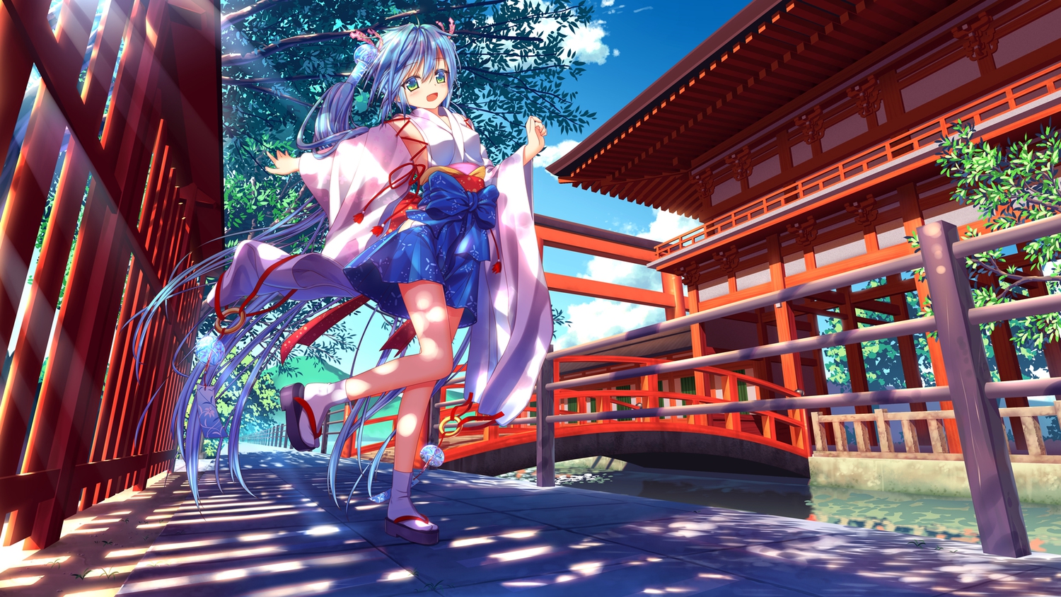 blue_hair, bow, green_eyes, hatsune_miku, japanese_clothes, long_hair, nazu-na, socks, twintails, vocaloid, water