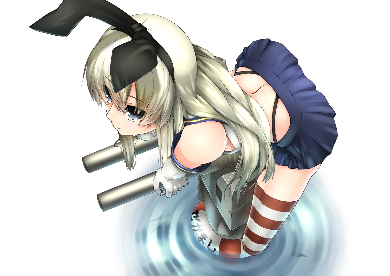 aliasing, anthropomorphism, black_eyes, blonde_hair, elbow_gloves, gloves, headband, hullzion, kantai_collection, long_hair, rensouhou-chan, shimakaze_(kancolle), skirt, thighhighs, water
