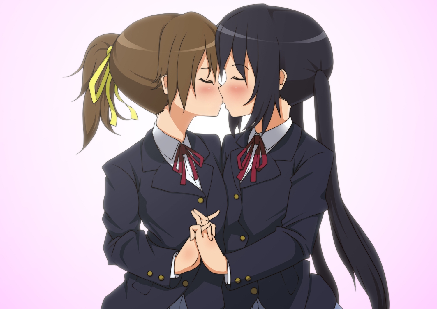 2girls, black_hair, blush, brown_hair, hirasawa_ui, kiss, k-on!, long_hair