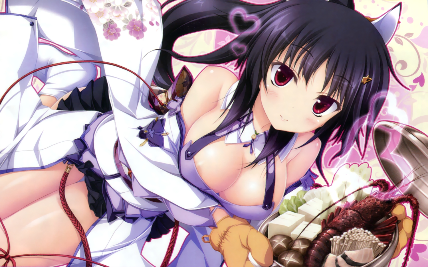 black_hair, blush, breasts, cleavage, food, gloves, hapymaher, hasuno_saki, long_hair, purple_software, red_eyes, tsukimori_hiro