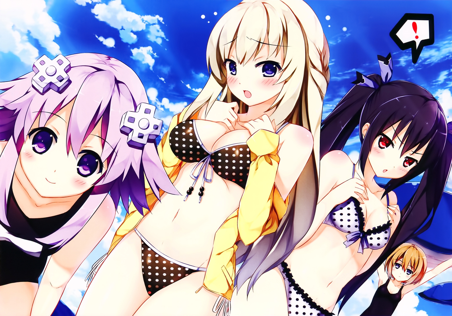 bikini, black_hair, blanc, blonde_hair, blue_eyes, blush, breasts, cleavage