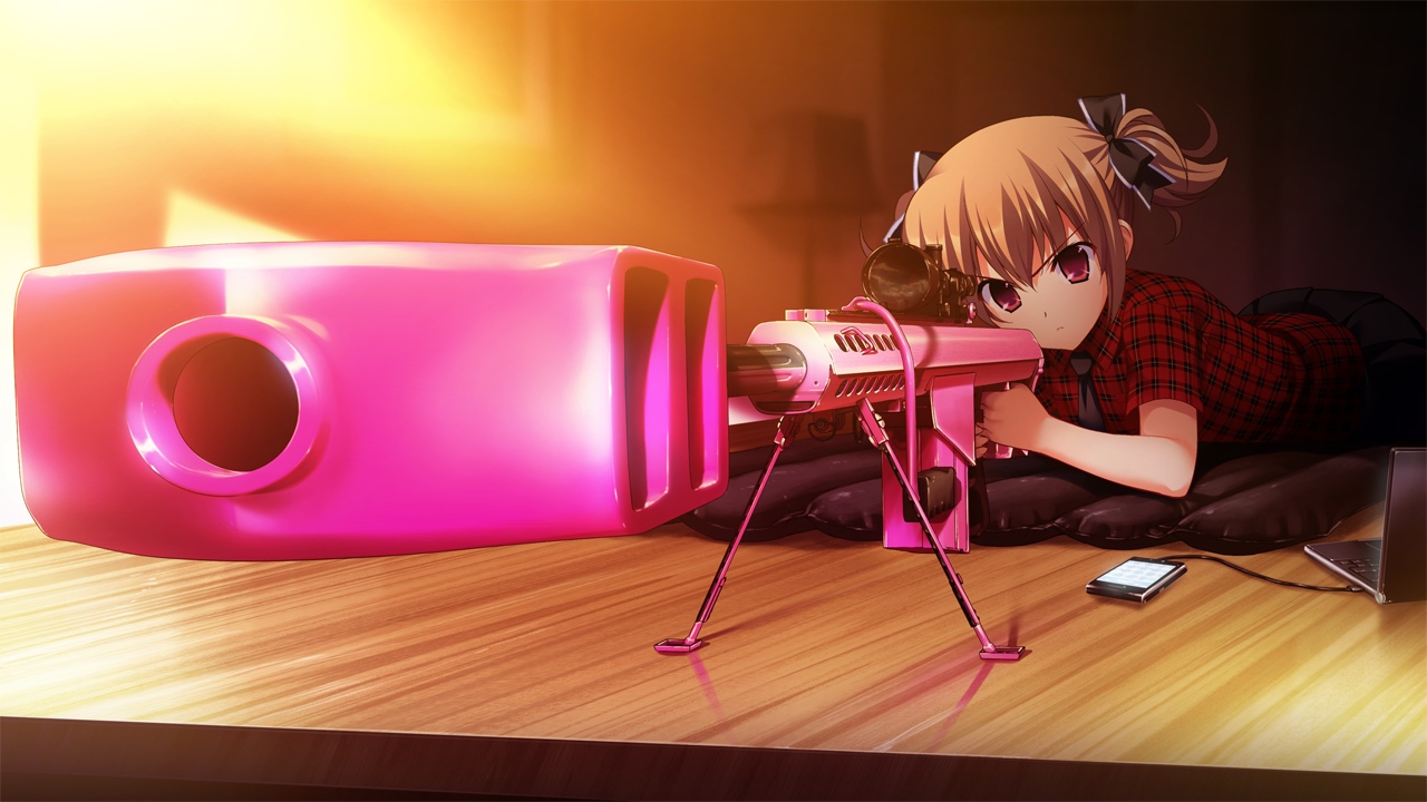 brown_hair, computer, fumio, game_cg, grisaia_no_kajitsu, gun, irisu_makina, phone, red_eyes, short_hair, skirt, tie, weapon