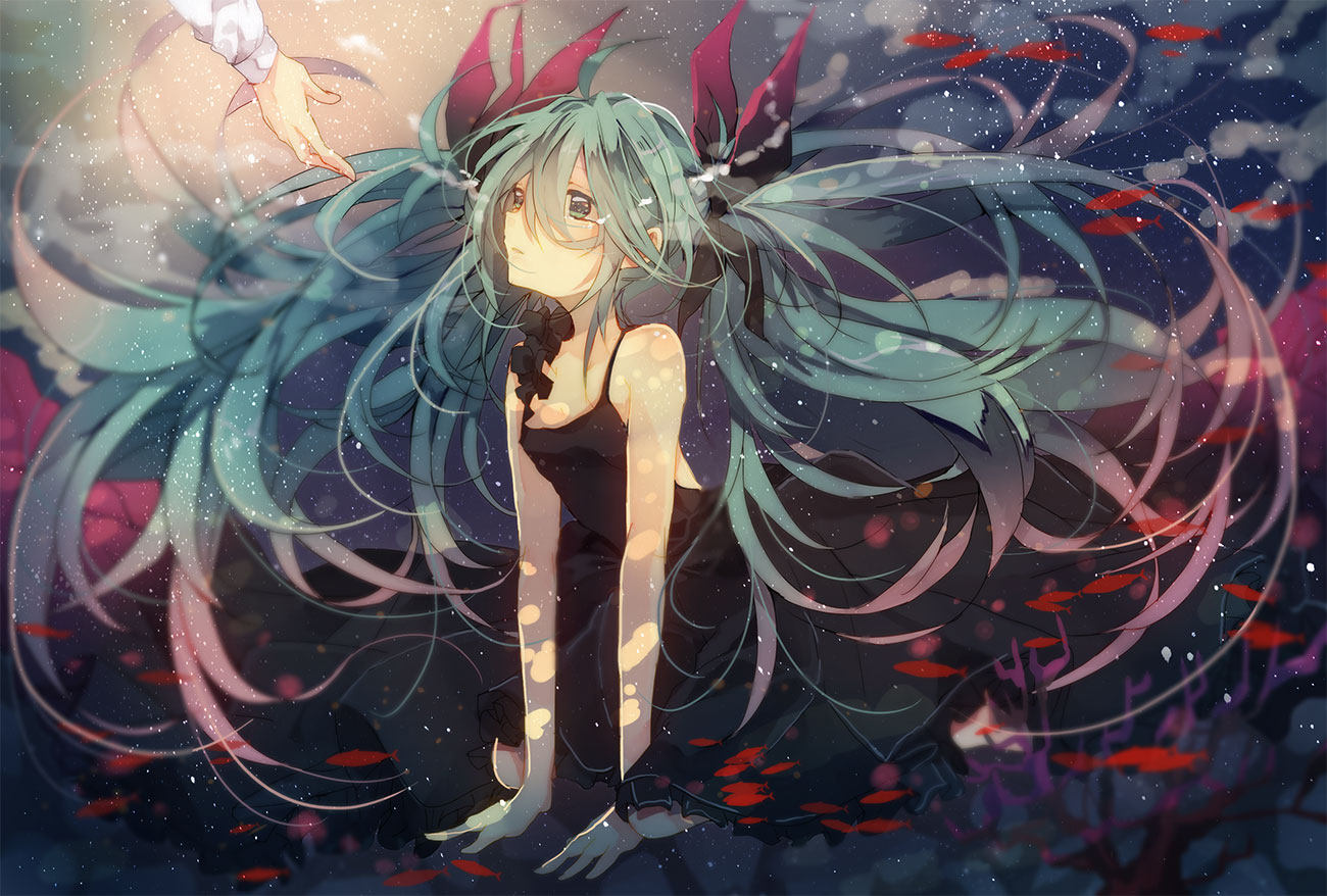 amana_raika, animal, crying, deep-sea_girl_(vocaloid), dress, fish, green_eyes, green_hair, hatsune_miku, jpeg_artifacts, long_hair, tears, twintails, vocaloid
