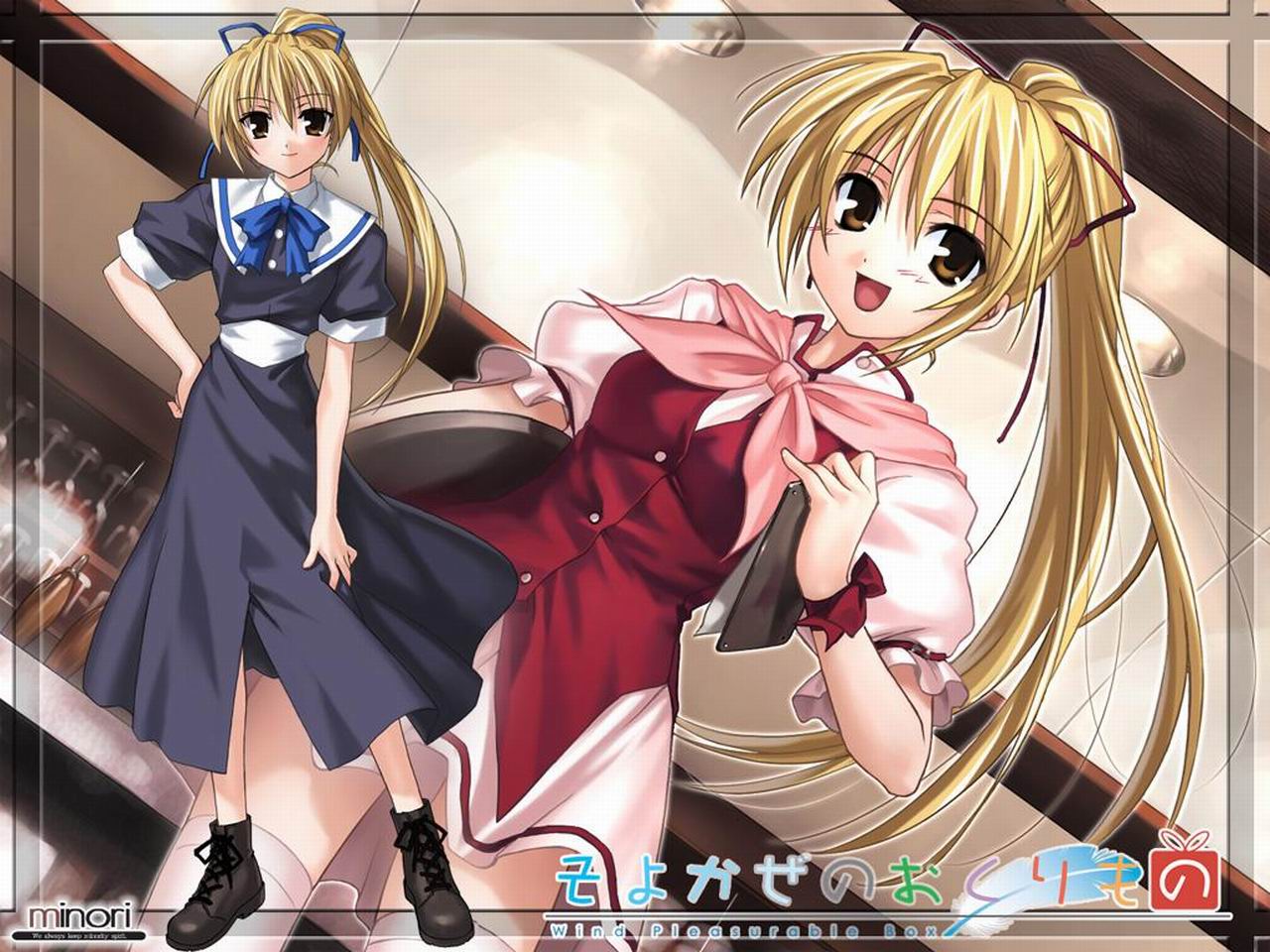blonde_hair, brown_eyes, fujimiya_nozomi, ponytail, school_uniform, waitress, wind:_a_breath_of_heart
