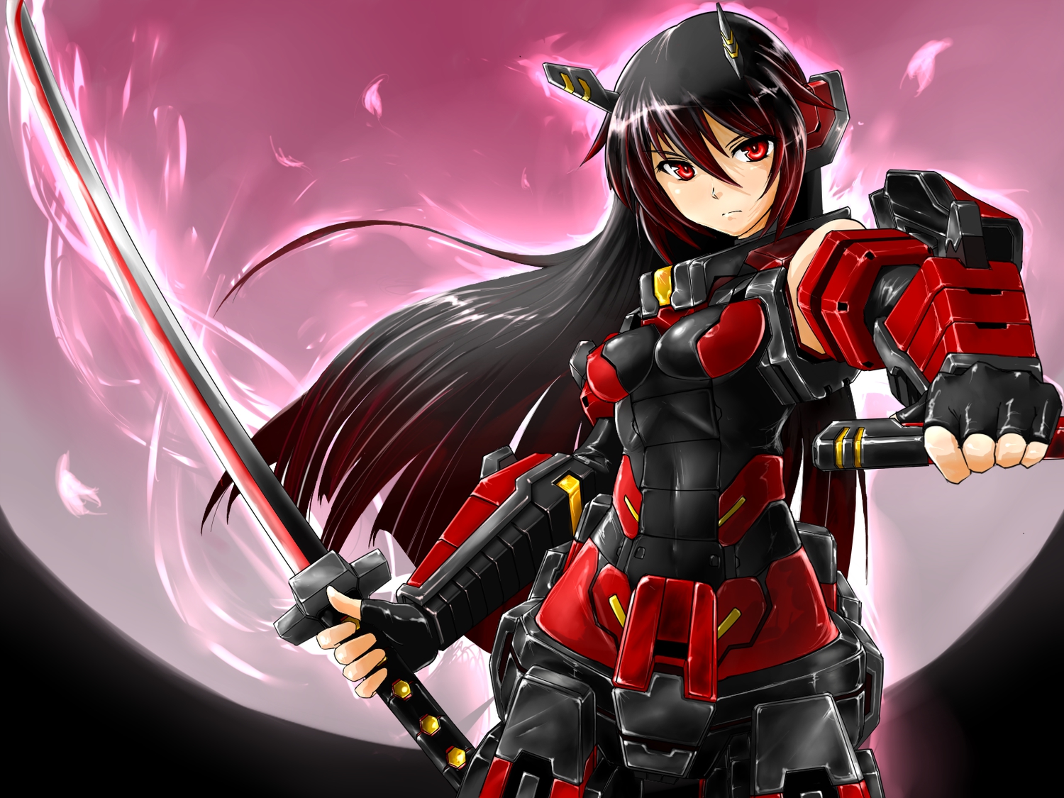 armor, black_hair, cosmic_break, gloves, harukon_(halcon), katana, long_hair, moon