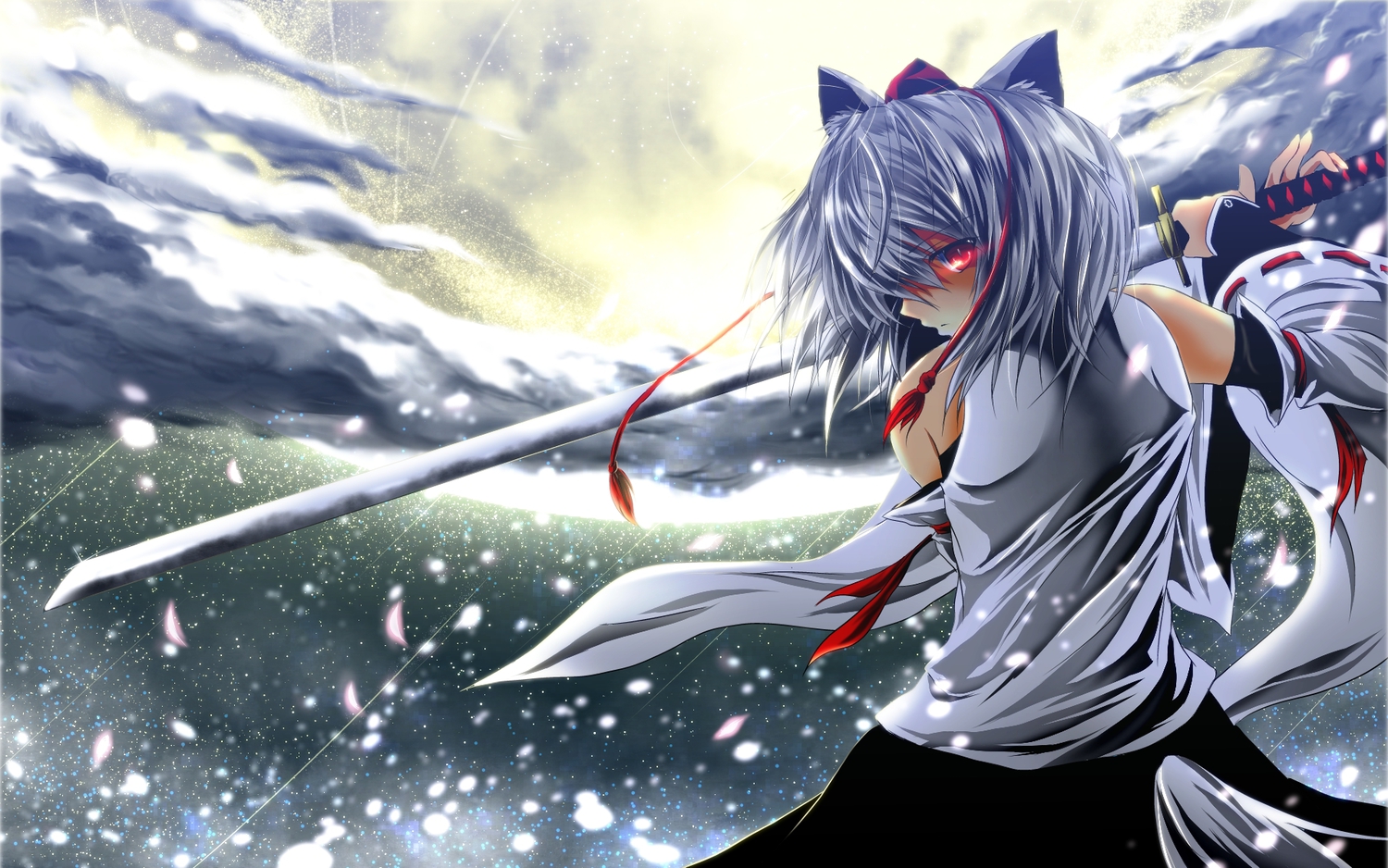 animal_ears, clouds, gray_hair, hat, inubashiri_momiji, japanese_clothes, katana, nekominase, petals, red_eyes, short_hair, sword, tail, touhou, weapon, wolfgirl